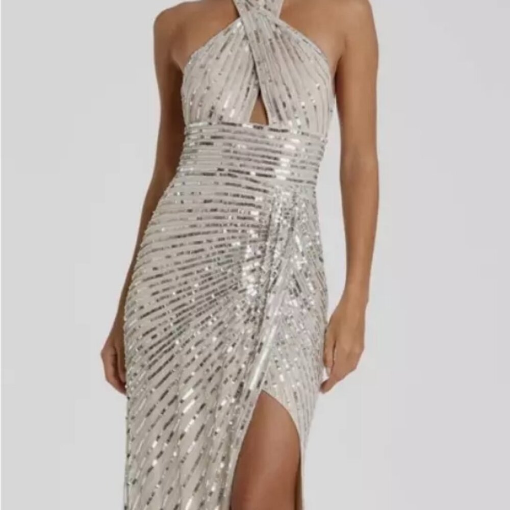 Mac Duggal Silver White Embellished Halter Evening Sheath Dress Size 4